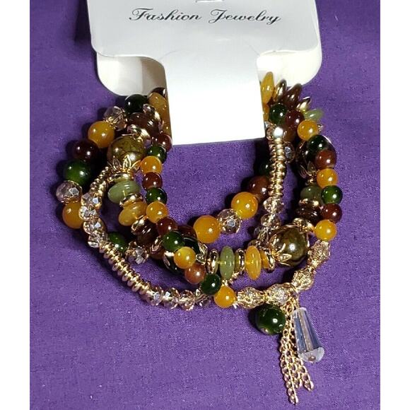 Set Of 4 Glass Bead Stackable Bracelets Multicolored Beads & Gold Tone Metal NEW - Picture 2 of 14